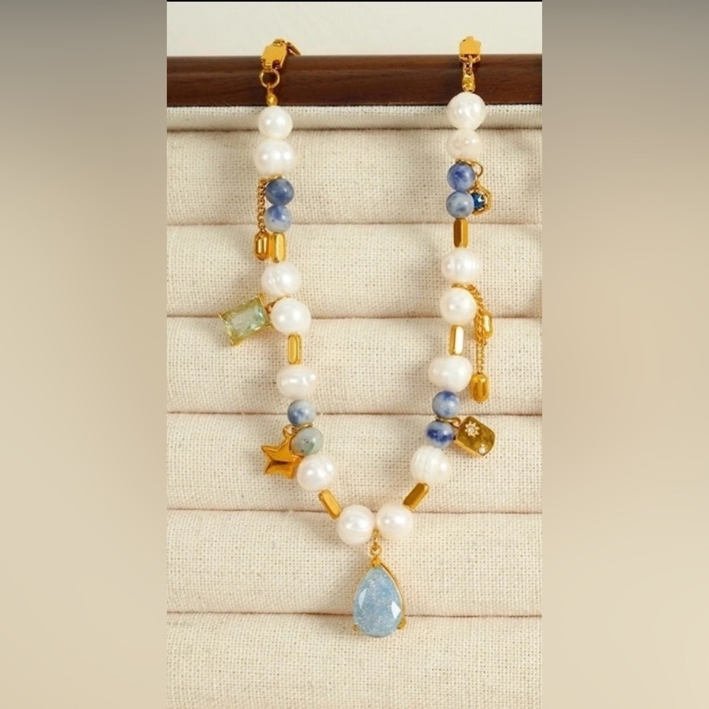 Gold and White Pearl Necklace with Blue Accents